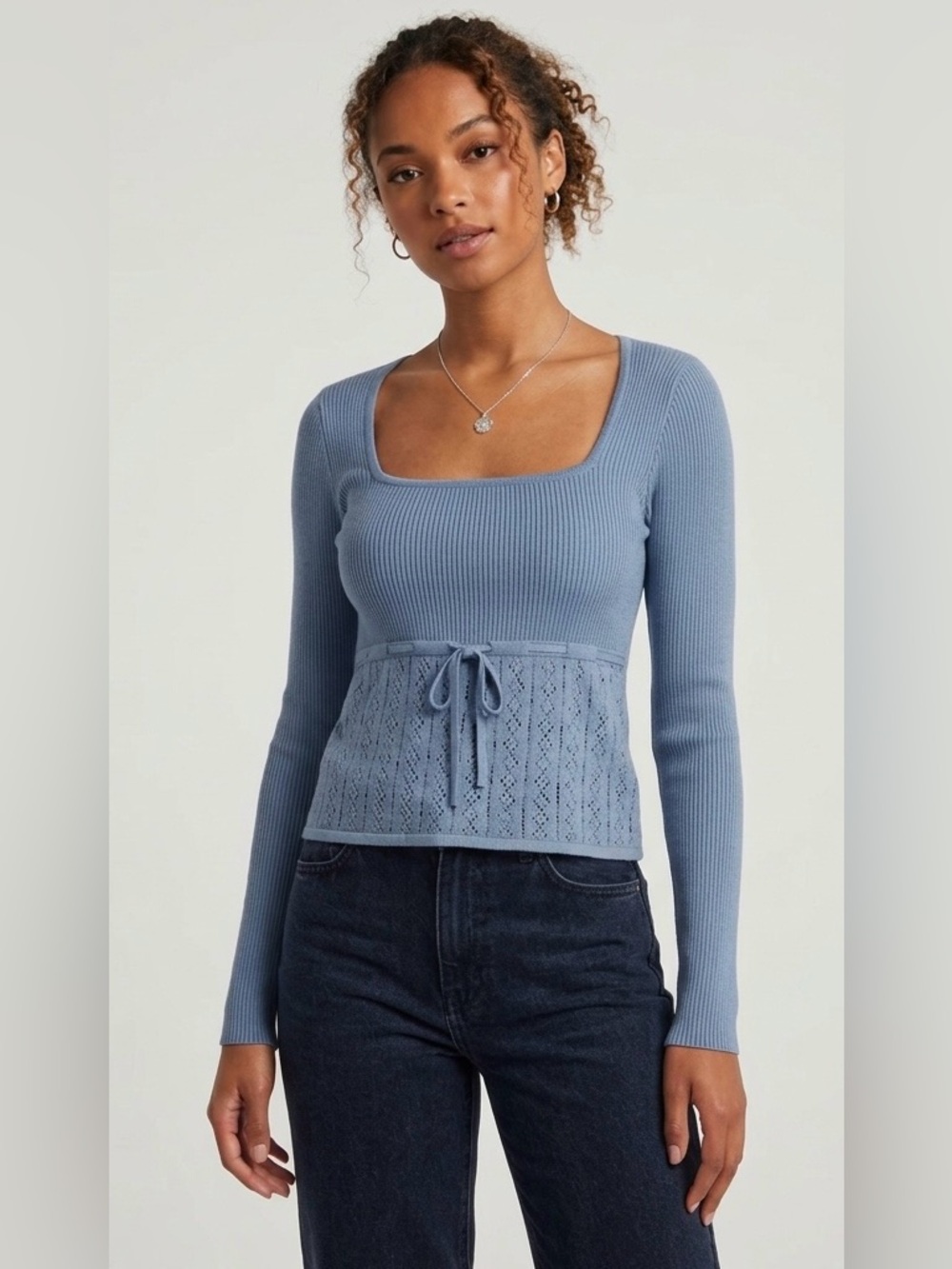 Altar’d State Dusty Blue Ribbed Square-Neck Women’s Top